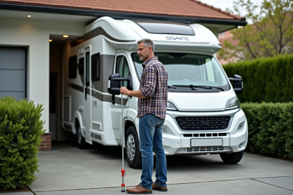 Homme mesurant l'entrée du garage avec un campingcar