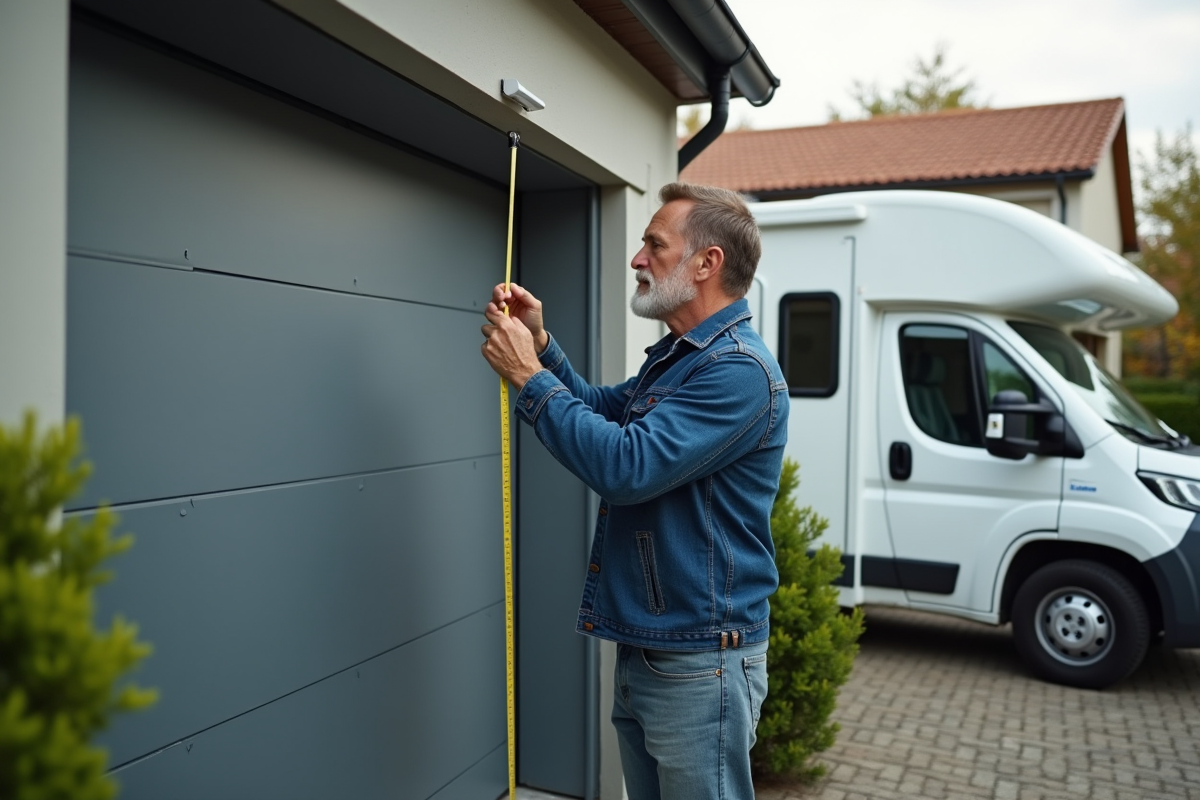 Homme mesurant une porte de garage pour camping-car