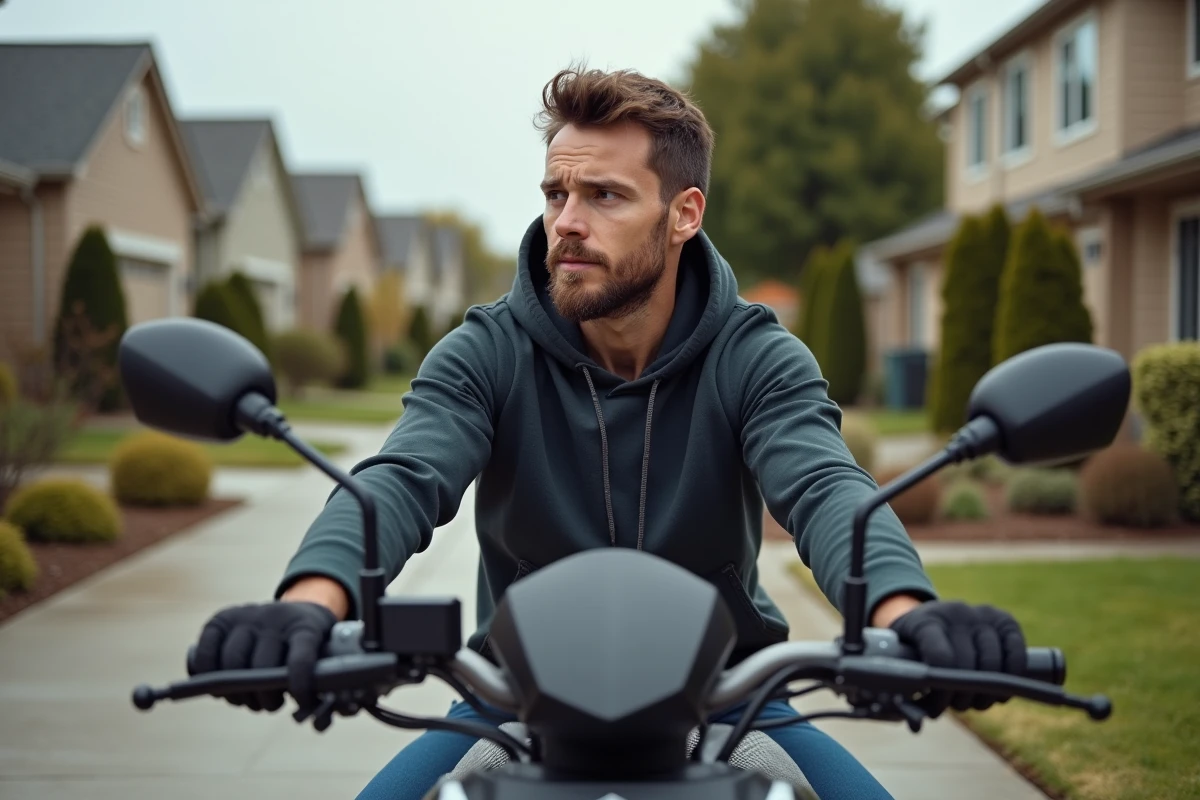 Homme en hoodie v&eacute;rifiant les r&eacute;troviseurs d