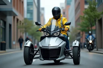 Homme portant un casque intégral assis sur une moto 3 roues en ville, illustrant le trajet domicile-travail à moto tricycle