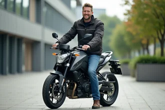 Homme souriant sur une moto Benda 125 en ville
