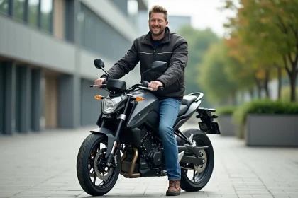 Homme souriant sur une moto Benda 125 en ville