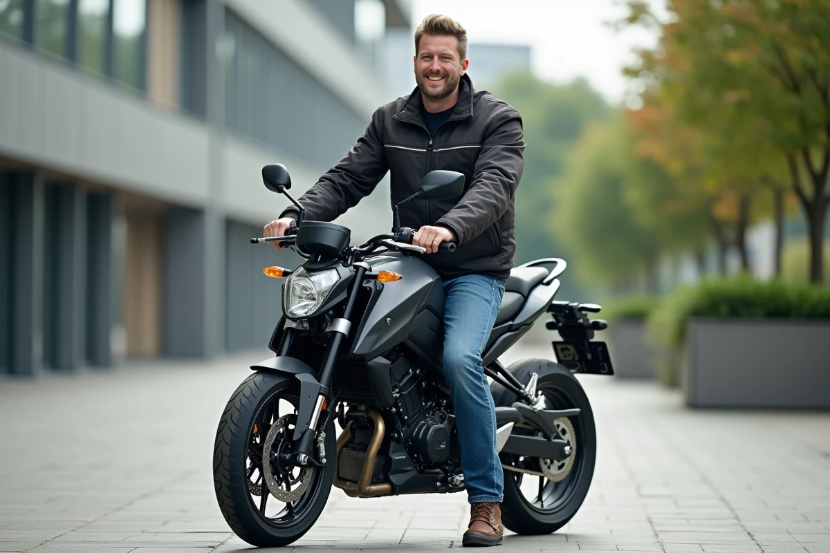 Homme souriant sur une moto Benda 125 en ville