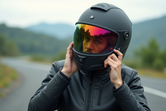 Jeune homme ajustant son casque à visière iridium en extérieur