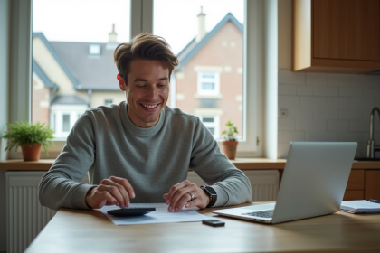 Homme d'affaires examine documents de prêt voiture dans une cuisine moderne