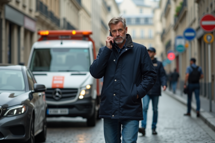 Homme d age moyen parlant au téléphone près d une voiture à Paris