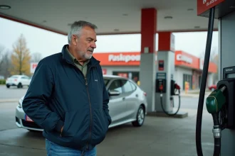 Homme lisant le prix affiché sur une pompe à essence dans une station-service urbaine, illustrant les erreurs courantes lors du plein d'essence