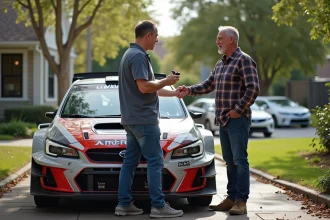 Homme avec clés de voiture rallye devant une maison
