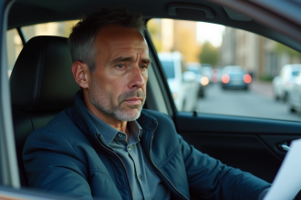 Homme pensif dans sa voiture en ville