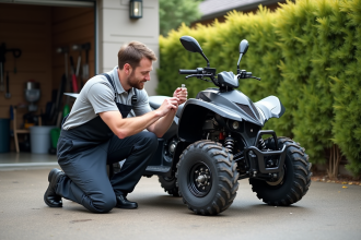 Homme en overalls répare un quad 125cc dans la cour