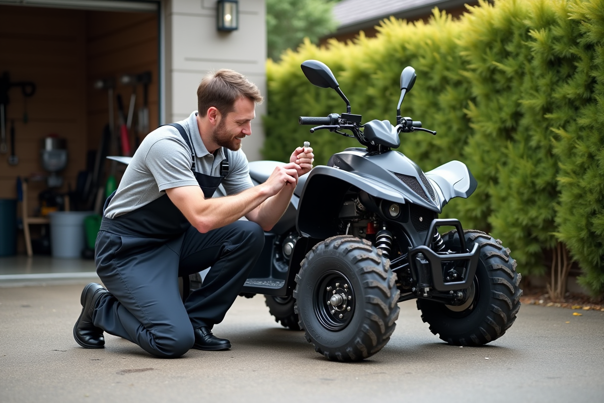 Homme en overalls répare un quad 125cc dans la cour