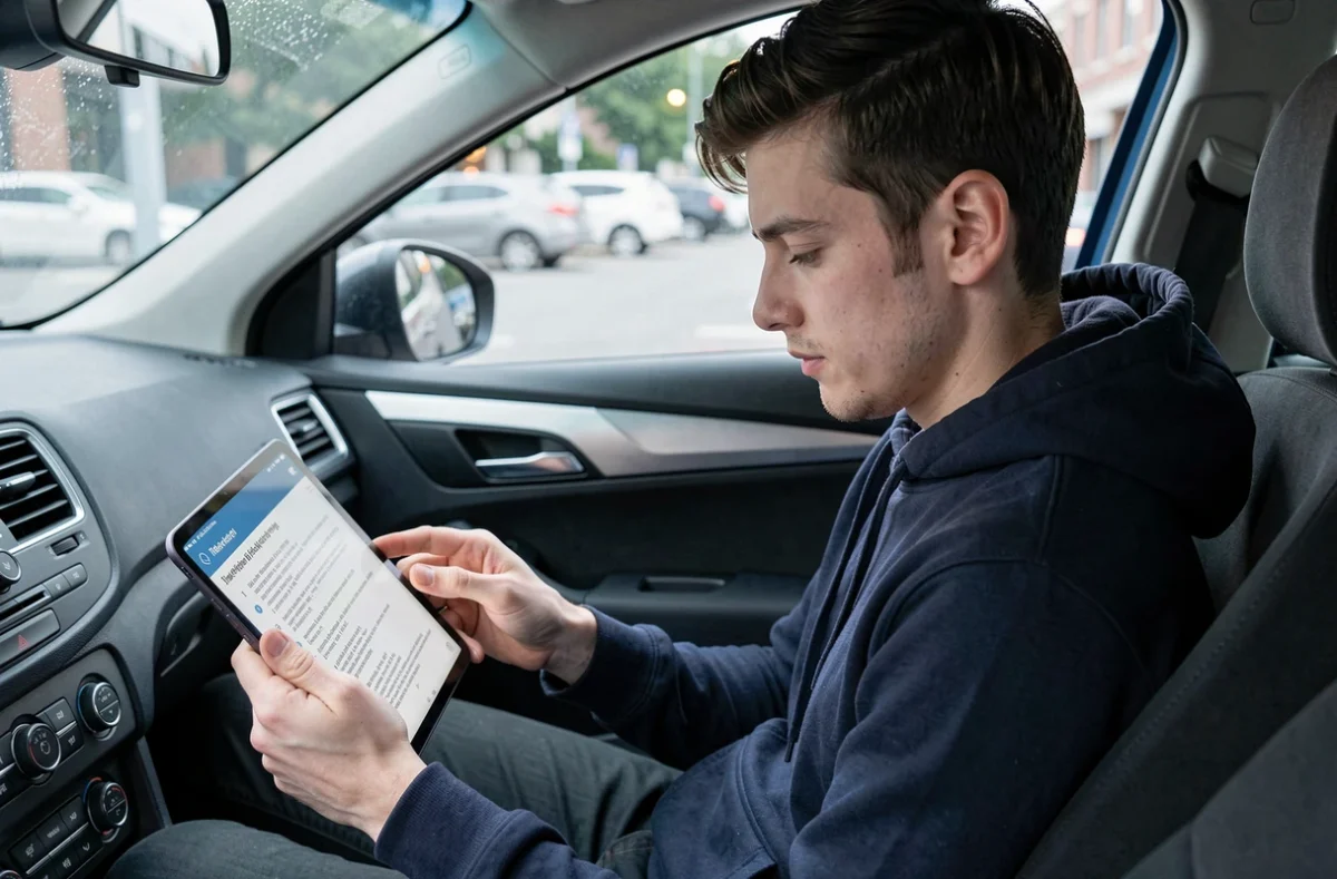Jeune homme révisant les questions du permis de conduire sur tablette assis dans une voiture garée