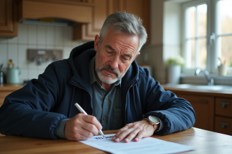 Homme d'âge moyen dans une cuisine examine une note