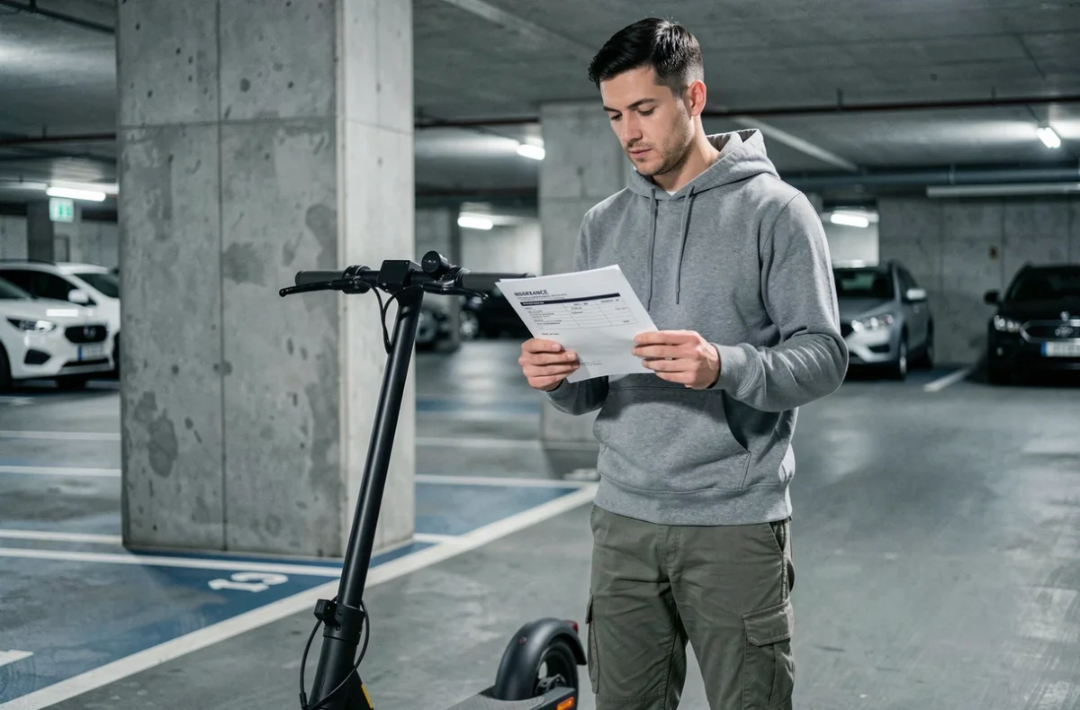 Homme debout près d'un scooter électrique noir dans un parking tenant un devis d'assurance imprimé