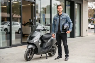 Homme avec casque et scooter neuf devant un concessionnaire, prêt à souscrire une assurance scooter