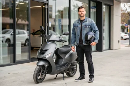 Homme avec casque et scooter neuf devant un concessionnaire, prêt à souscrire une assurance scooter