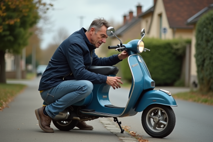 Homme d'âge moyen vérifiant son scooter dans un quartier résidentiel