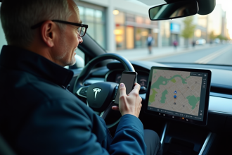 Homme d'âge moyen avec smartphone dans voiture moderne