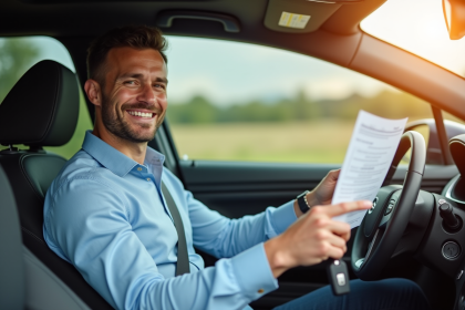 Homme souriant dans sa voiture avec assurance et clés