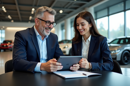 Homme en costume bleu discutant avec une femme dans un showroom automobile