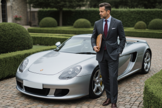 Homme en costume avec Porsche Carrera GT élégante