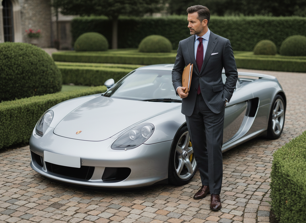 Homme en costume avec Porsche Carrera GT élégante