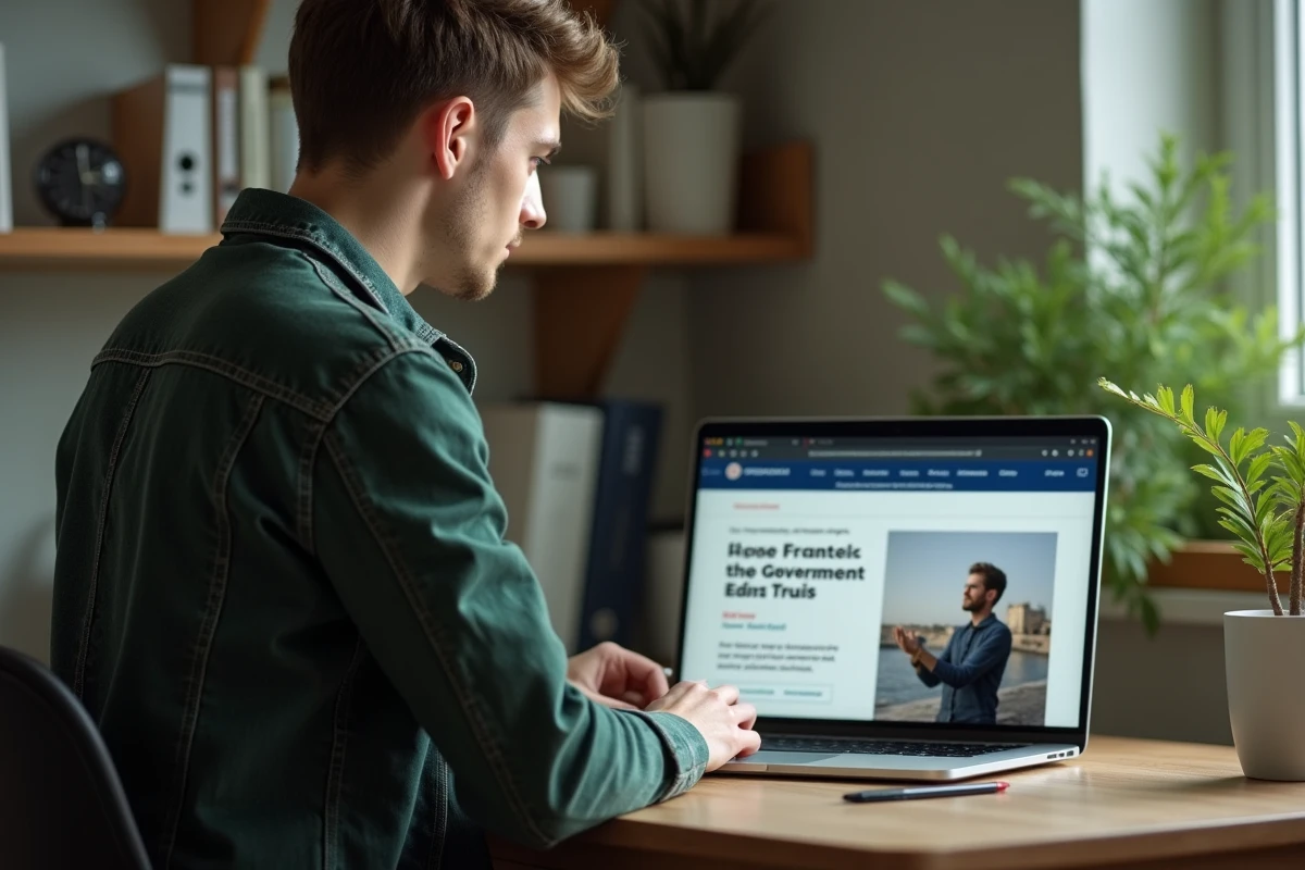 Jeune homme regardant son ordinateur dans un bureau &agrave; domicile