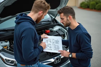 Homme v&eacute;rifiant le moteur d'une voiture moderne en ext&eacute;rieur