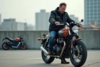 Homme vérifiant les pneus de sa moto en extérieur