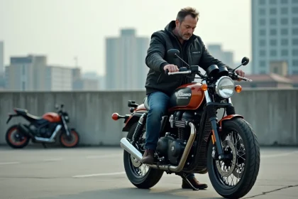 Homme v&eacute;rifiant les pneus de sa moto en ext&eacute;rieur