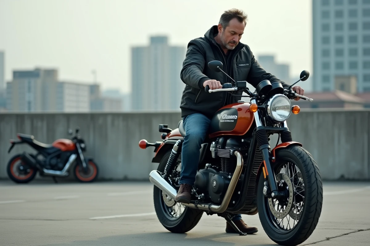 Homme vérifiant les pneus de sa moto en extérieur