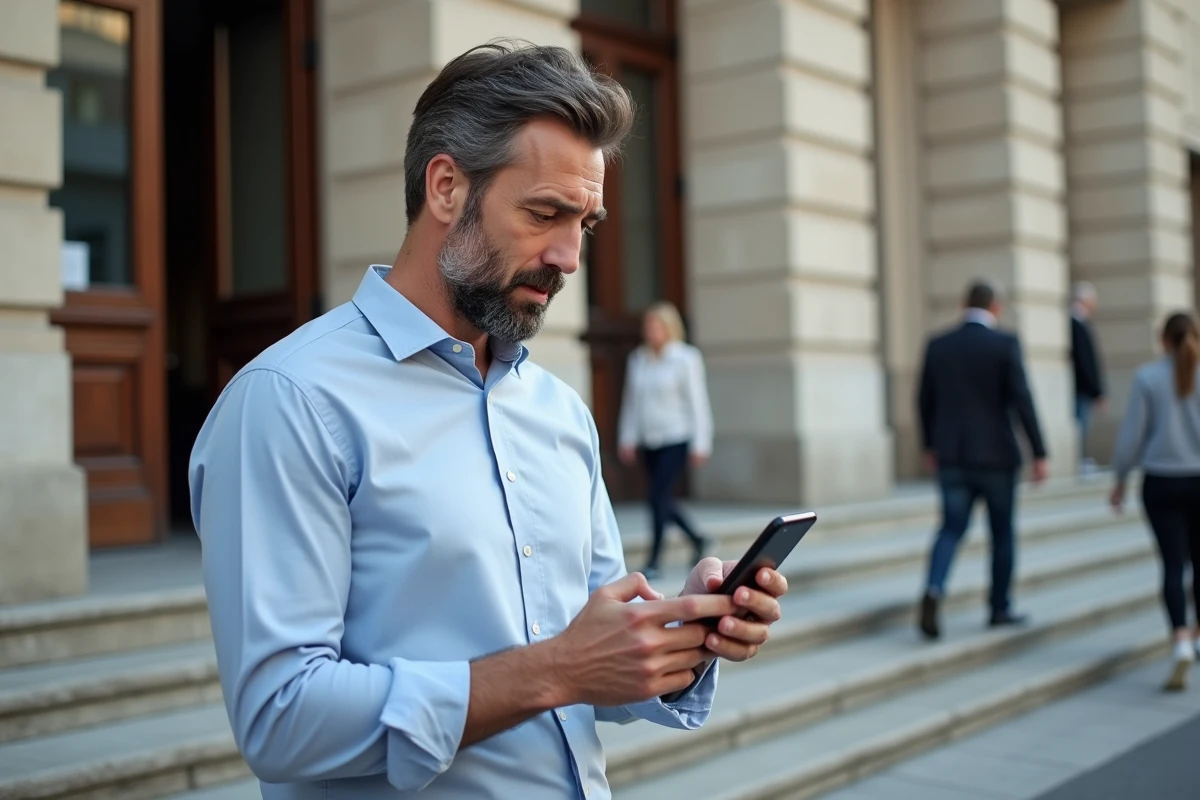 Homme v&eacute;rifiant permis 2026 sur smartphone devant mairie