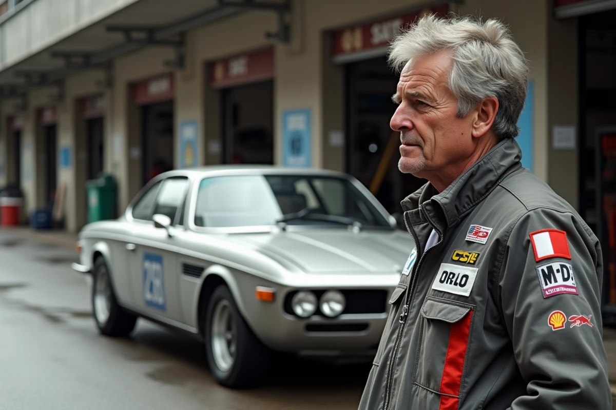 Homme en veste de course vintage près d'une BMW CSL ancienne