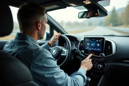 Homme regardant le tableau de bord d'une voiture moderne