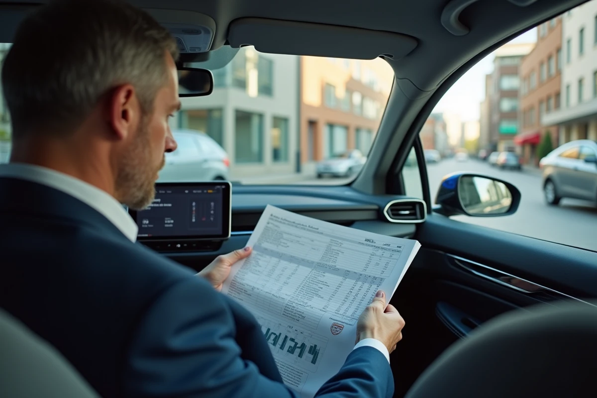 Homme examine un tableau de prix dans une voiture électrique