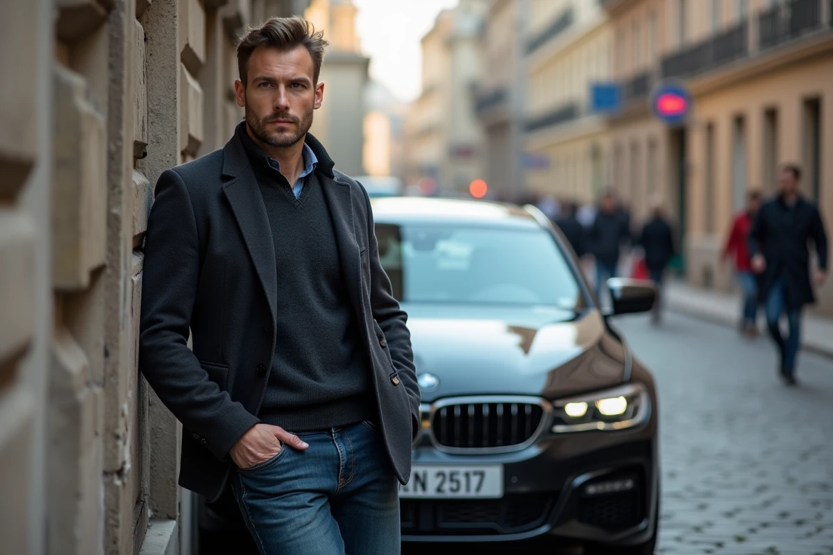 Homme en veste sombre et jeans près d'une voiture italienne en ville