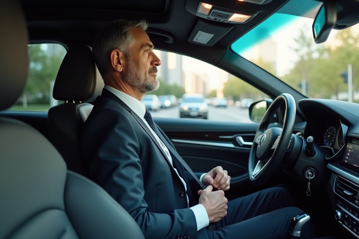 Homme en costume boucle sa ceinture dans la voiture