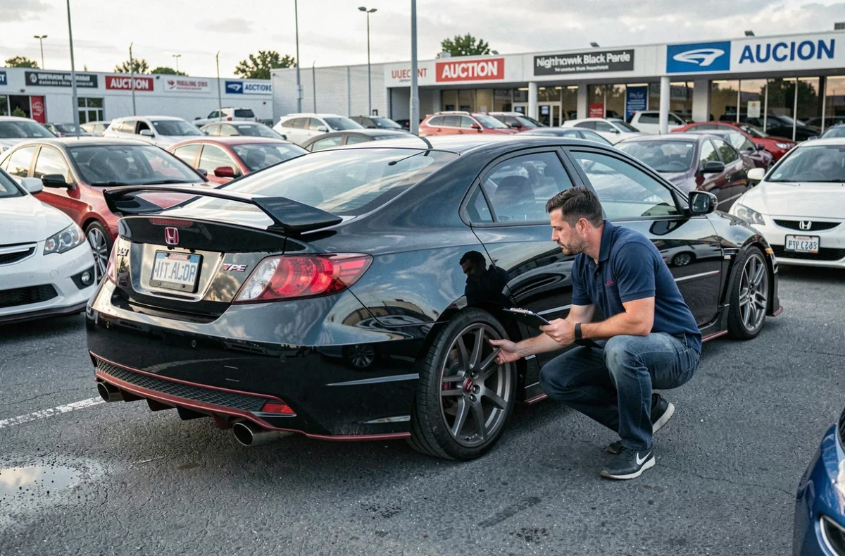 Inspection d'une Honda Civic Type R EP3 noire lors d'une vente aux enchères de véhicules d'occasion