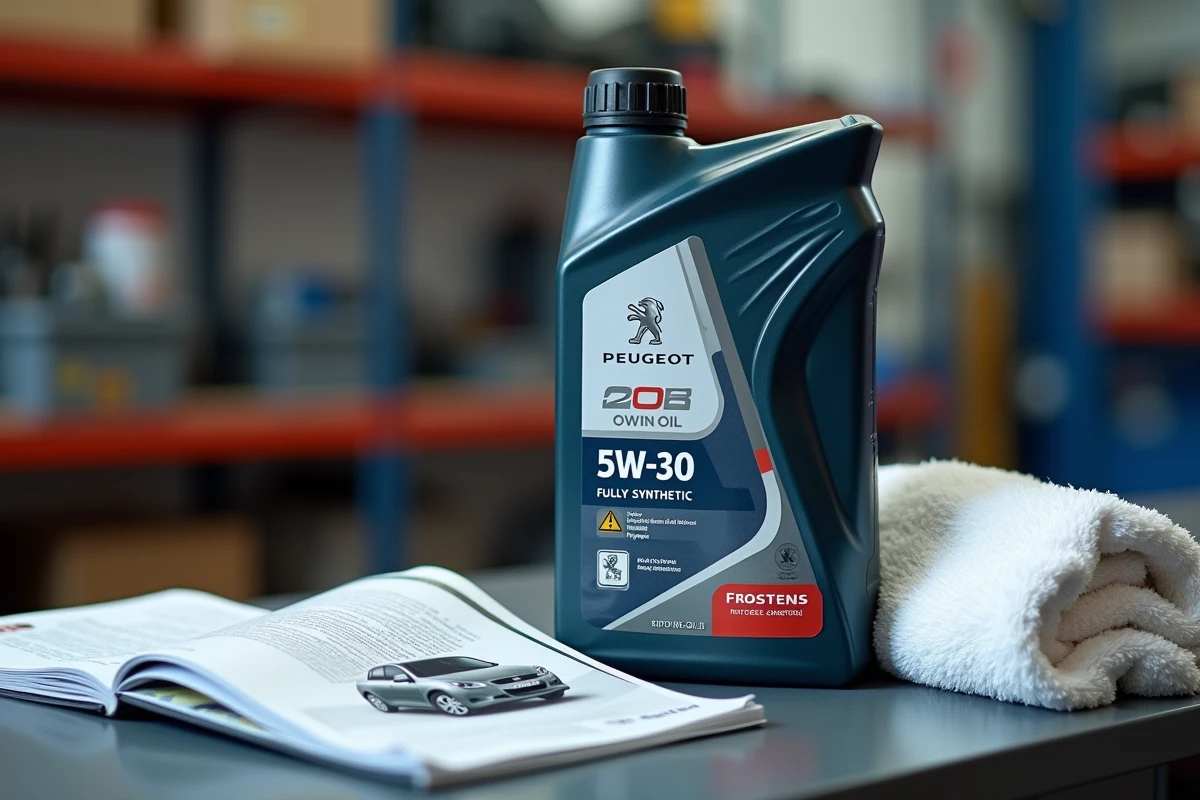 Bidon d'huile moteur 5W-30 synthétique recommandée pour Peugeot 208 essence, posé sur un établi de garage