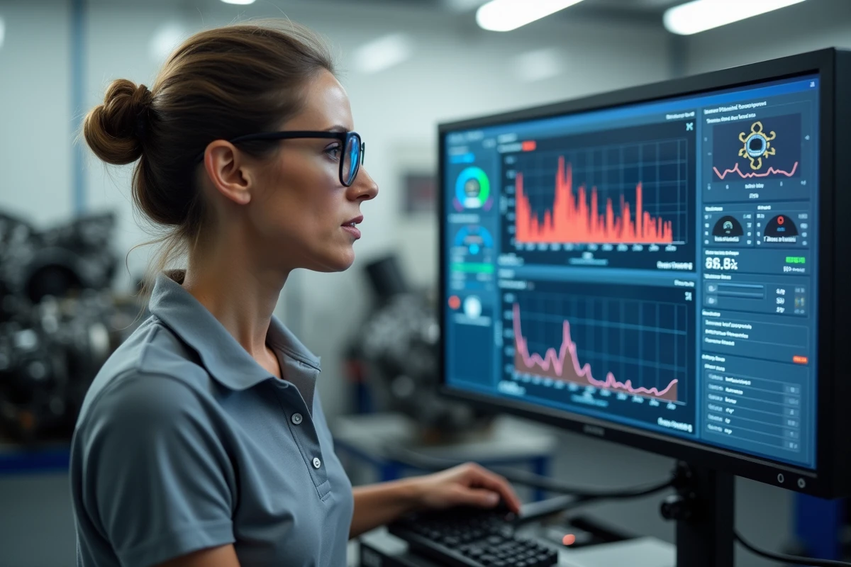 Ingénieure automobile analysant les données de performance moteur sur un écran de diagnostic dans un centre de préparation Shitech