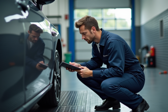 Inspecteur automobile en overalls examine une roue de voiture moderne
