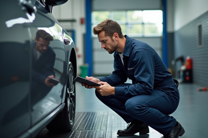 Inspecteur automobile en overalls examine une roue de voiture moderne