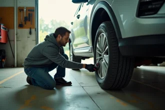 Homme inspectant le dessous d'un SUV avec un détecteur de tracker RF dans un garage résidentiel