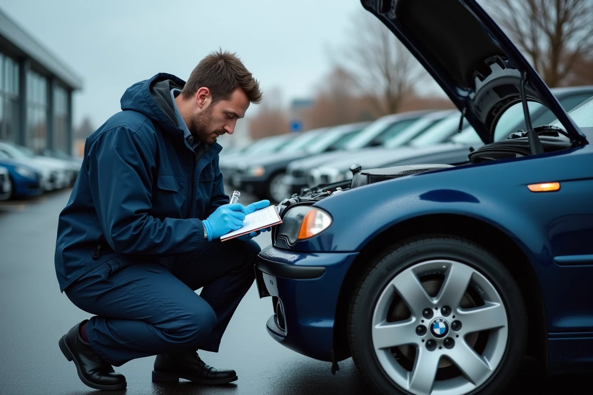 Inspecteur automobile examinant le compartiment moteur d'une BMW E46 avec un bloc M47 dans un parking de concessionnaire occasion