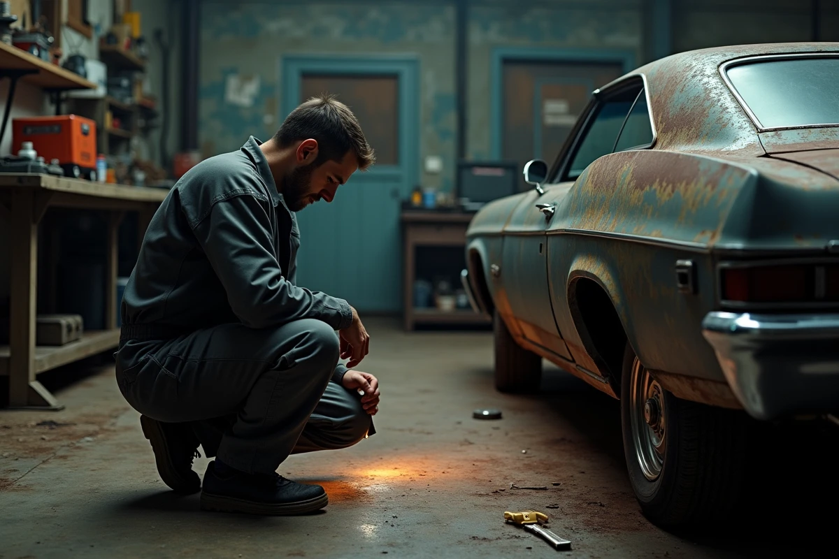Mécanicien inspectant les points de rouille sur le panneau arrière d'une Impala 1967 dans un atelier de réparation automobile
