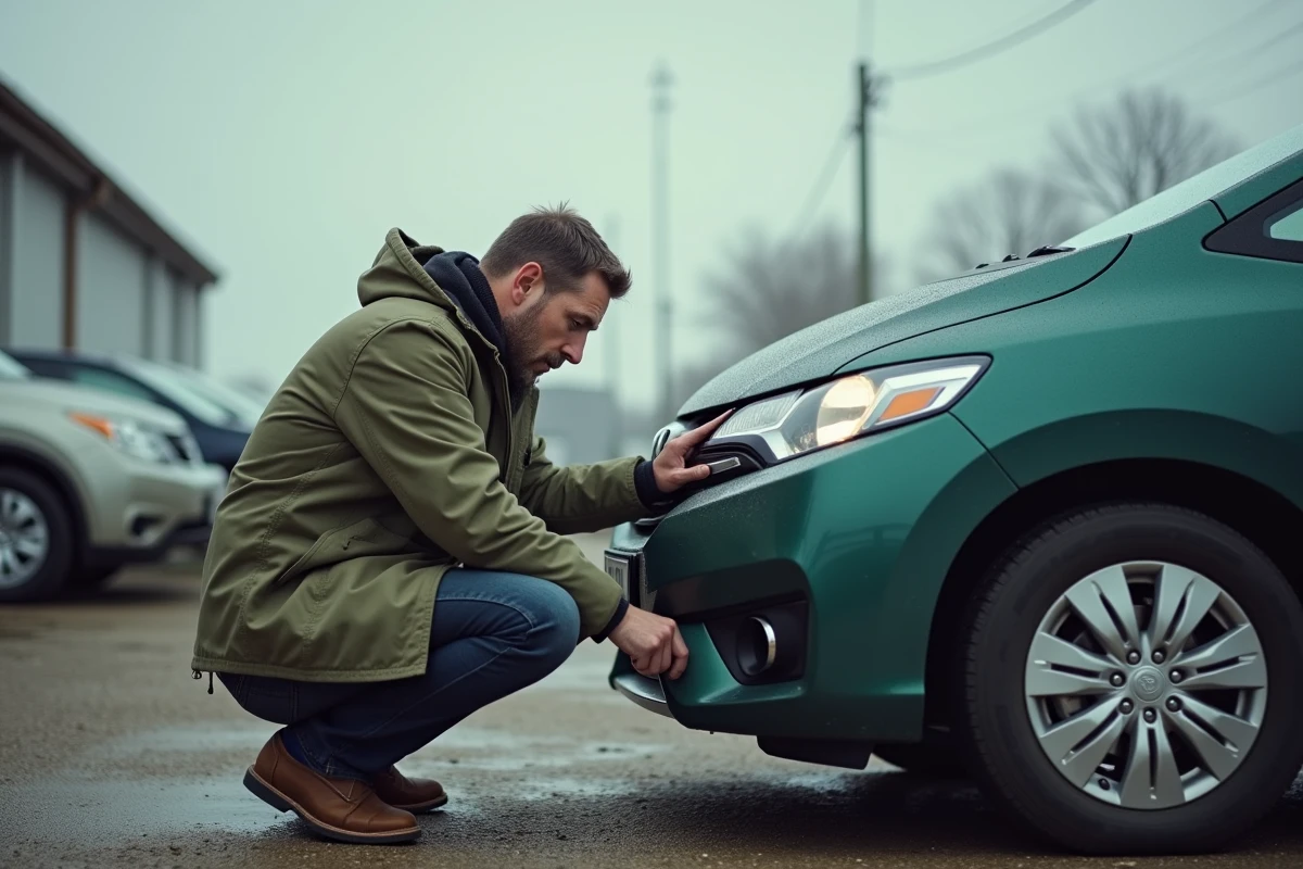 Homme inspectant l'état d'un véhicule d'occasion dans un parking de concession automobile en plein air