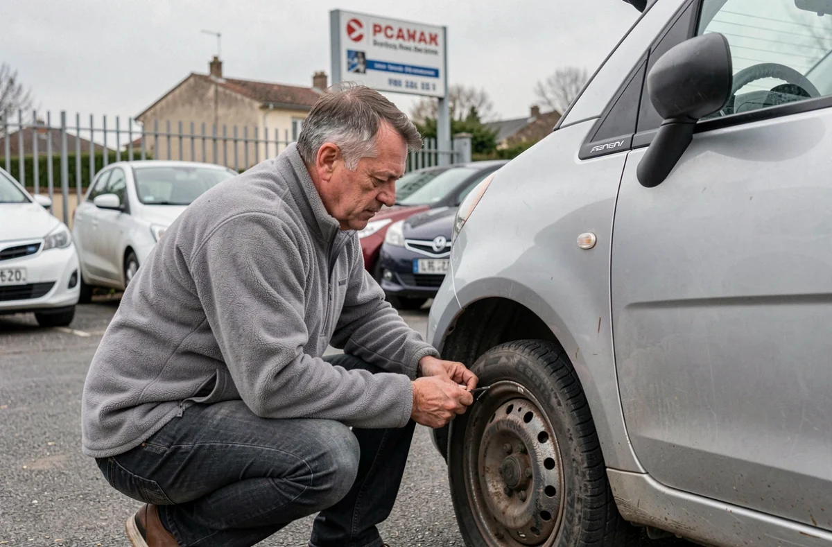 Un homme inspecte attentivement une voiture sans permis d'occasion dans un lot de véhicules d'occasion