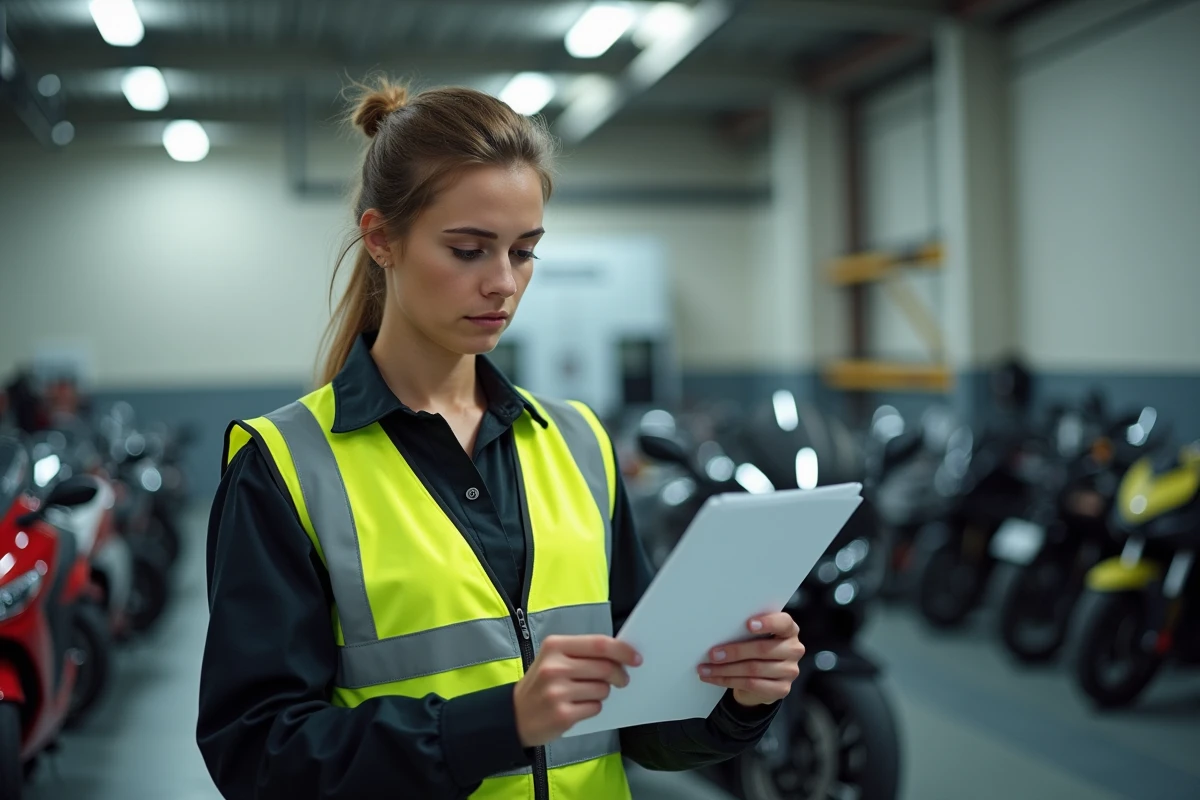 Femme inspectrice moto vérifiant une checklist dans le garage