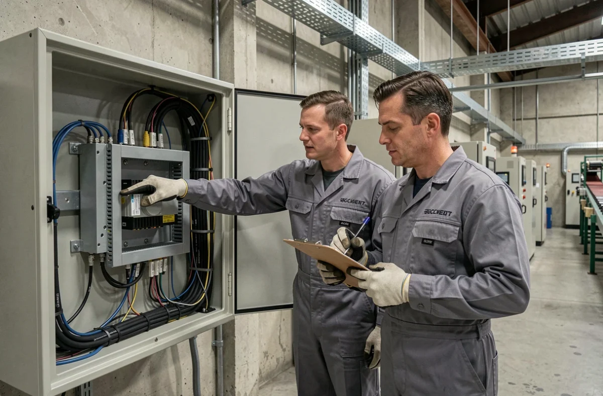 Deux ingénieurs industriels collaborant sur l'installation d'un variateur PT Drive dans une armoire électrique en usine