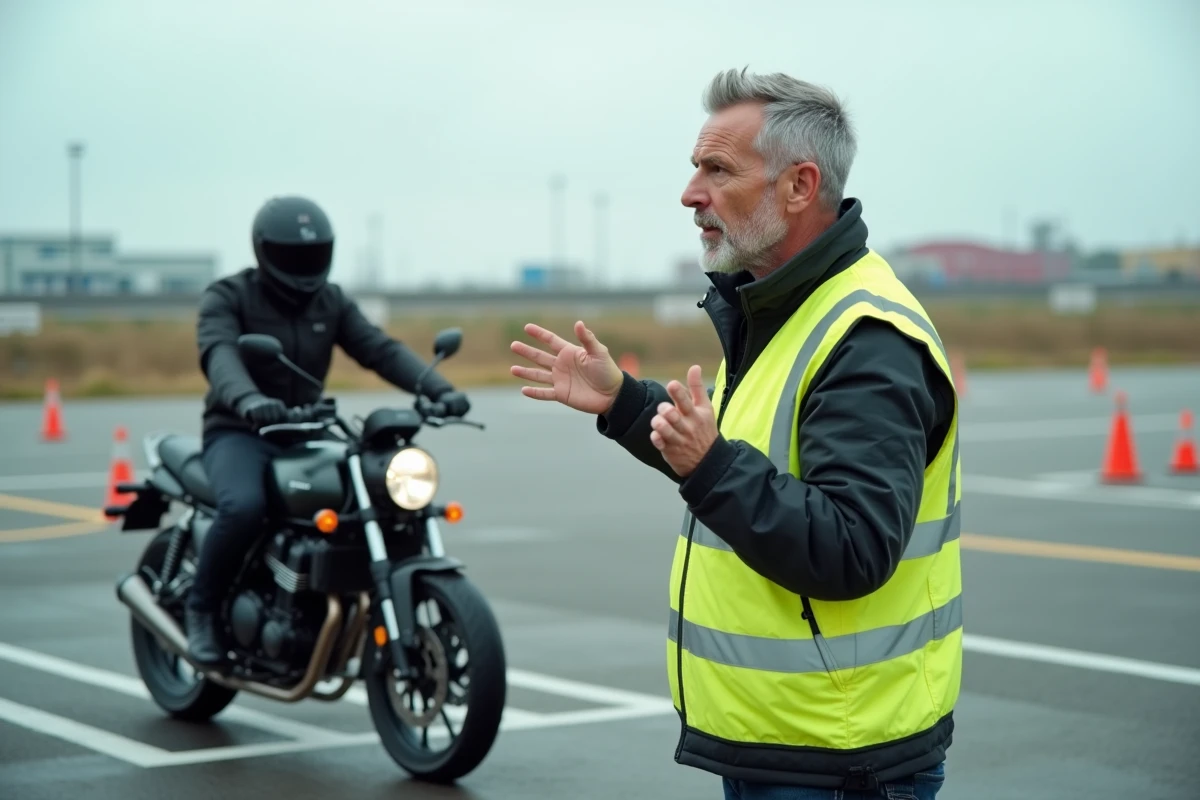 Instructeur de moto en gilet haute visibilité encadrant un élève motard sur un circuit de formation avec des plots et des marquages au sol